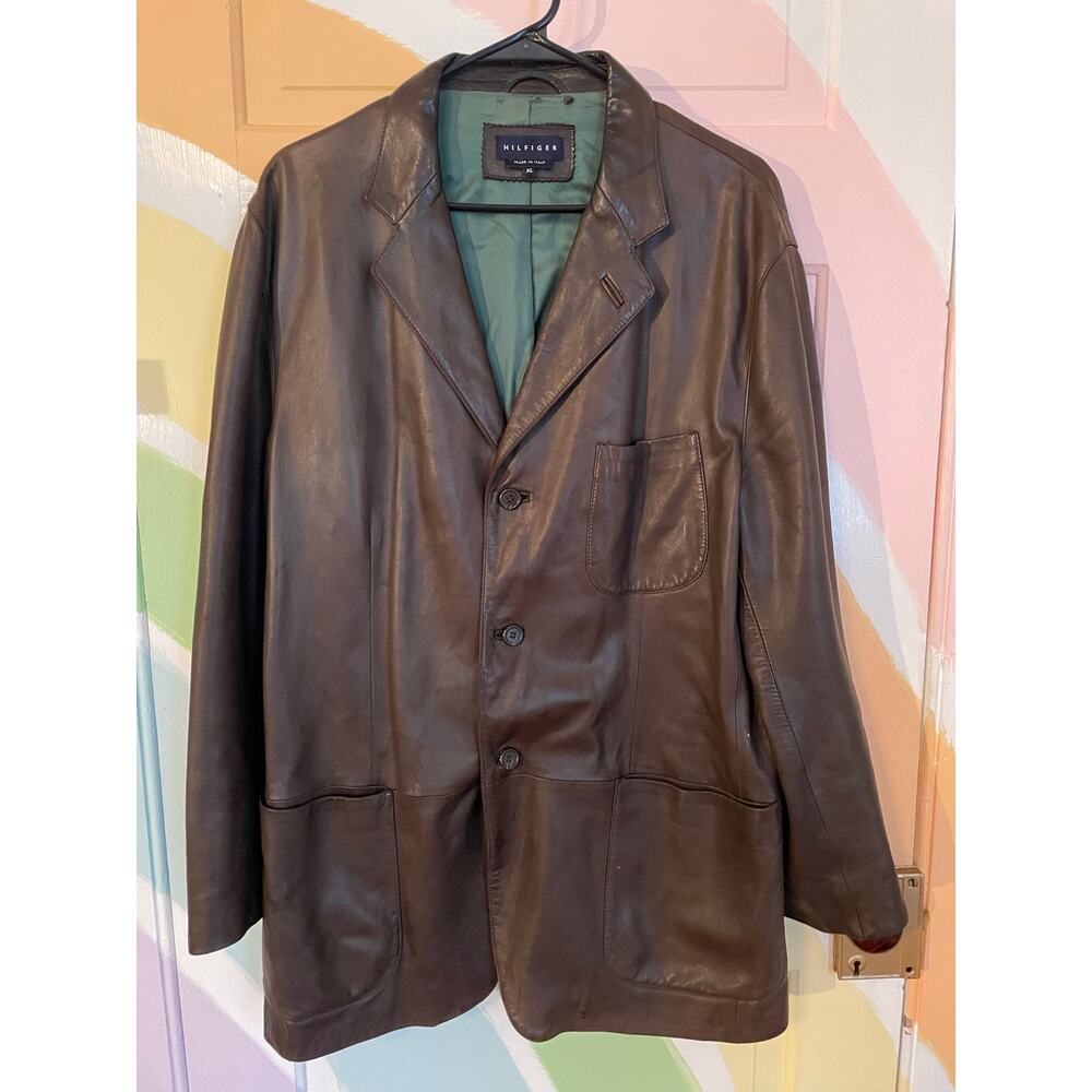 Hilfiger Made in Italy XL Brown Leather Blazer Jacket Men Vintage 3-Button Coat